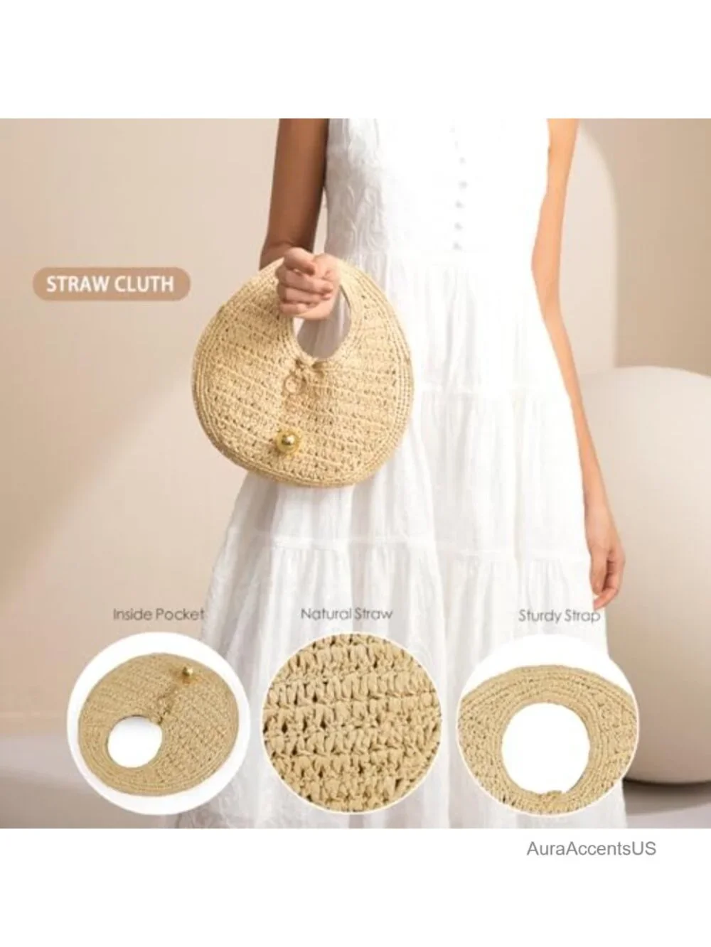 Handwoven Raffia Large Round Beach Tote, Boho Chic Straw Circle Bag